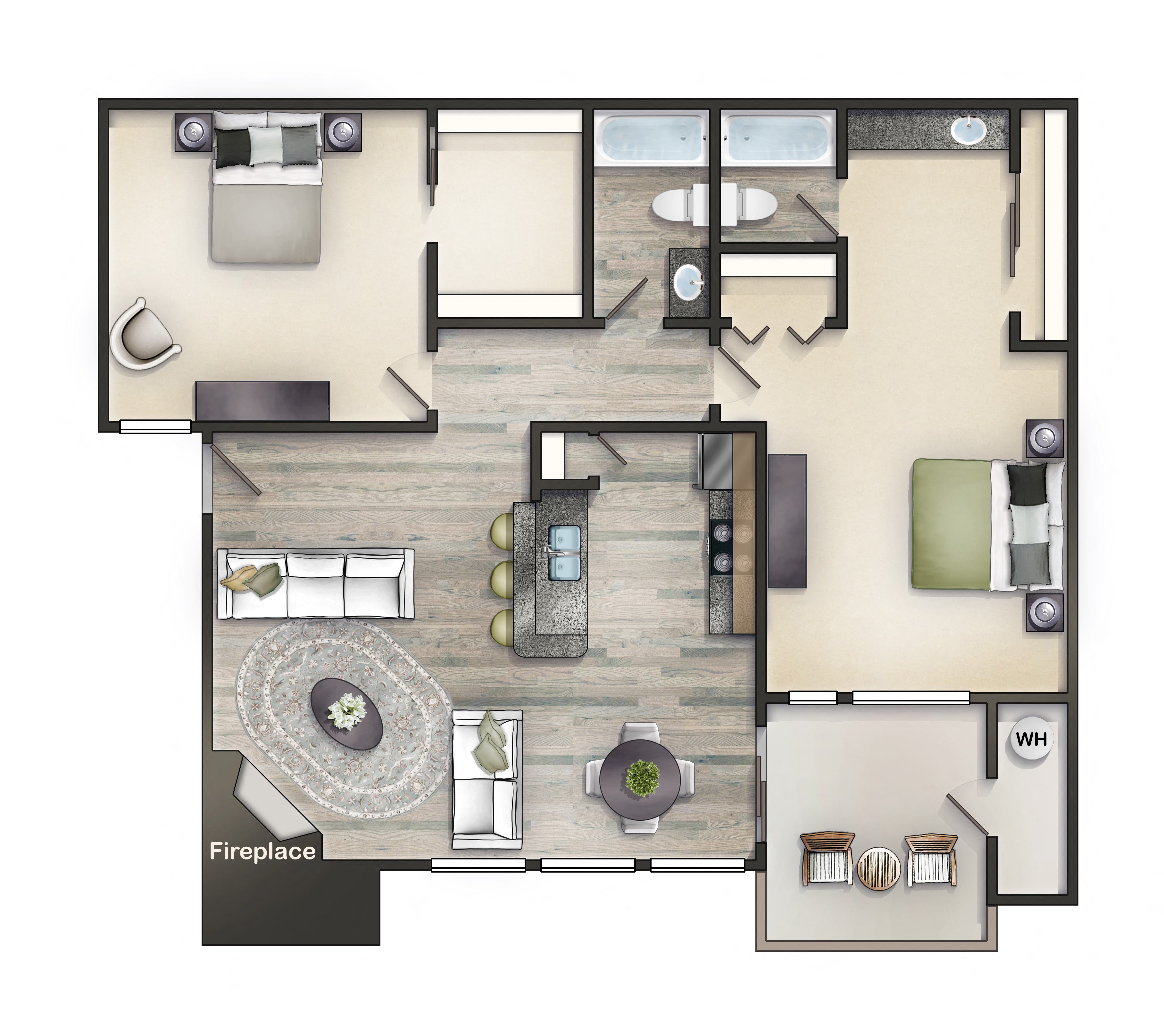 Floor plan for 2 beds, 2 baths, 904 sqft